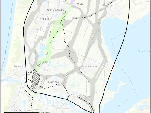 Kaart van voorkeursroute en voorkeurslocaties stations 380kV Netuitbreiding Noord-Holland Noord