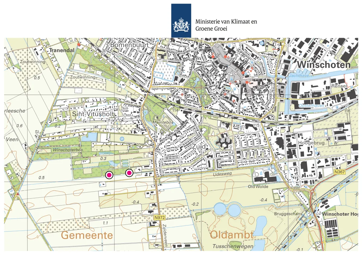 Regionale ligging evaluatieboring (de locatie is aangegeven met stippen in de kaart)