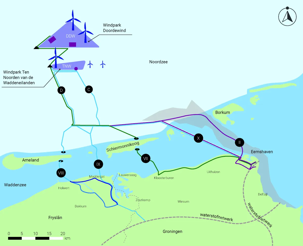 Kaart van PAWOZ met mogelijke aanlandingsroutes in Eemshaven