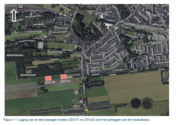 Ligging van de twee bevoegde locaties (ZDV-01 en ZDV-02) voor het aanleggen van een evaluatieput