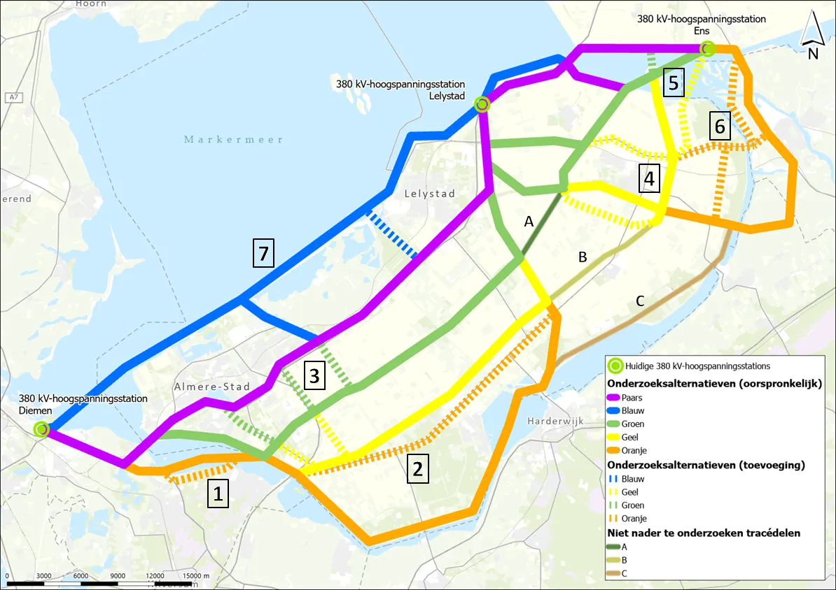 Kaart onderzoeks alternativen tweede concept-NRD HSV 380kV Diemen-Lelystad-Ens