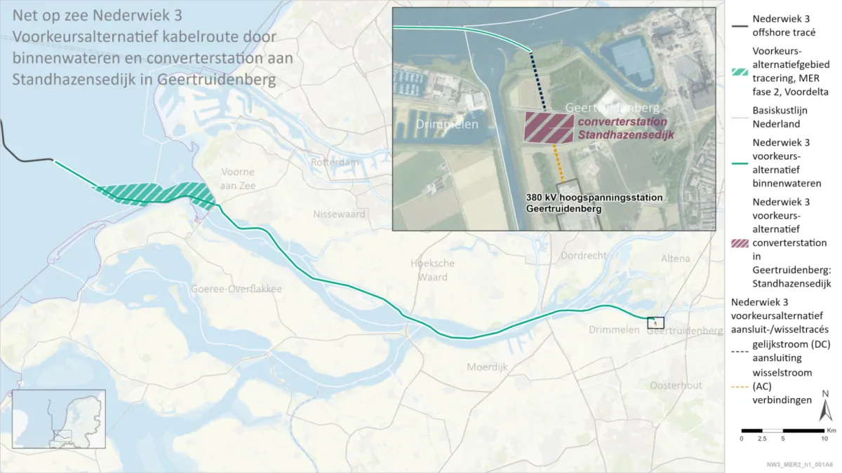 Voorkeursalternatief (VKA) van de kabelroute door de binnenwateren en converterstation aan de Standhanzensedijk in Geertruidenberg