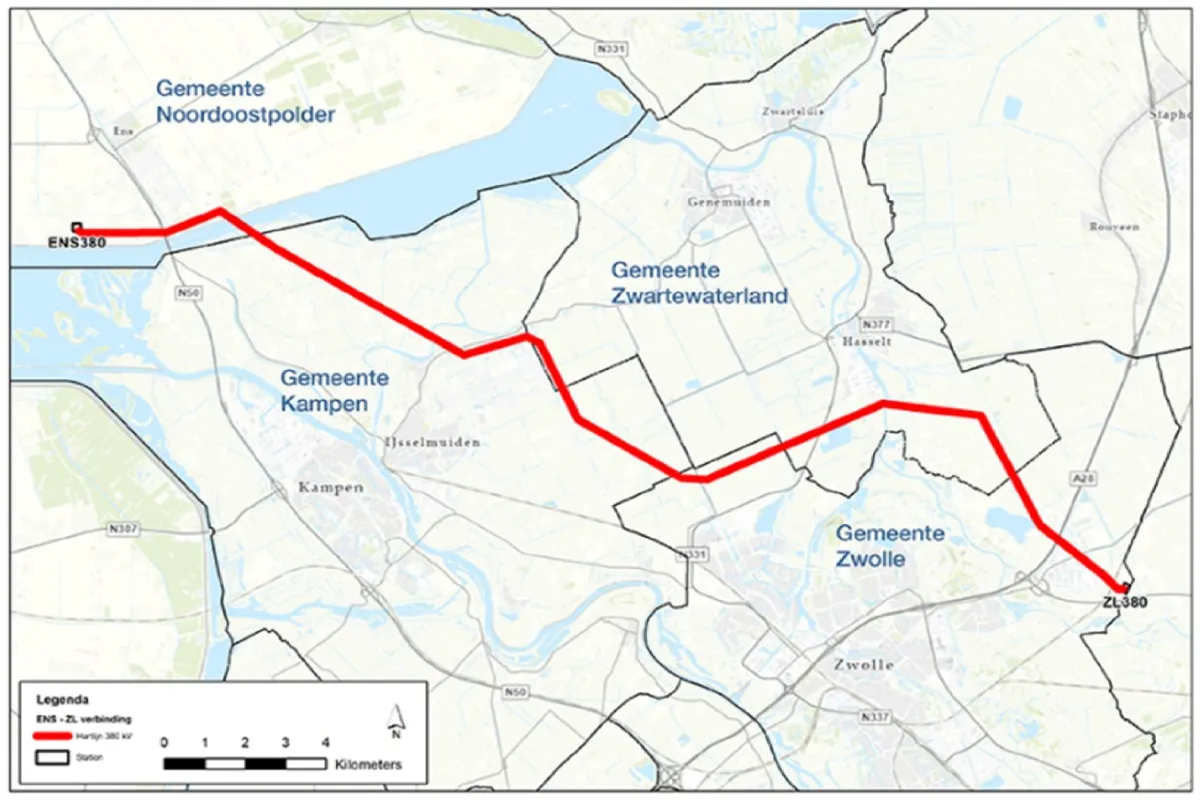Kaart bestaande bovengrondse hoogspanningsverbinding tussen de hoogspanningsstations Ens en Zwolle