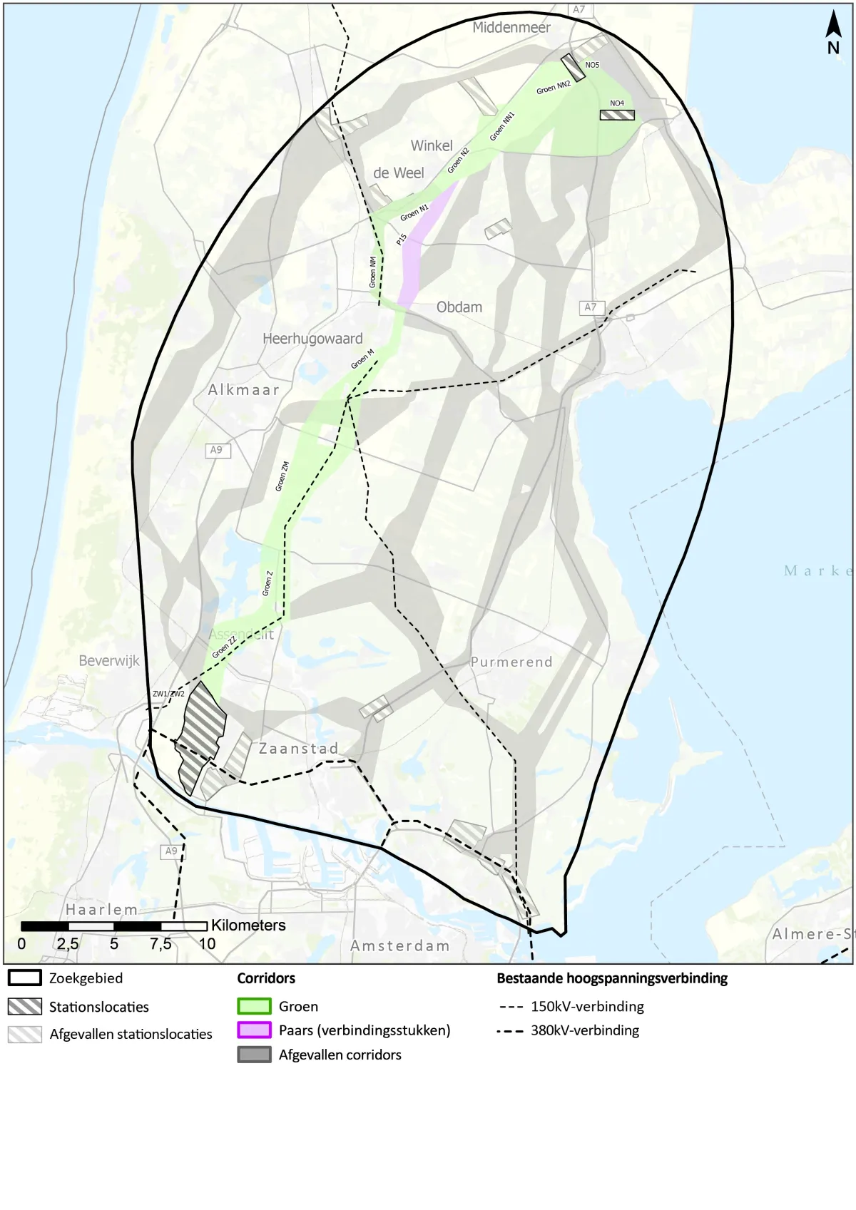 Kaart van voorkeursroute en voorkeurslocaties stations 380kV Netuitbreiding Noord-Holland Noord